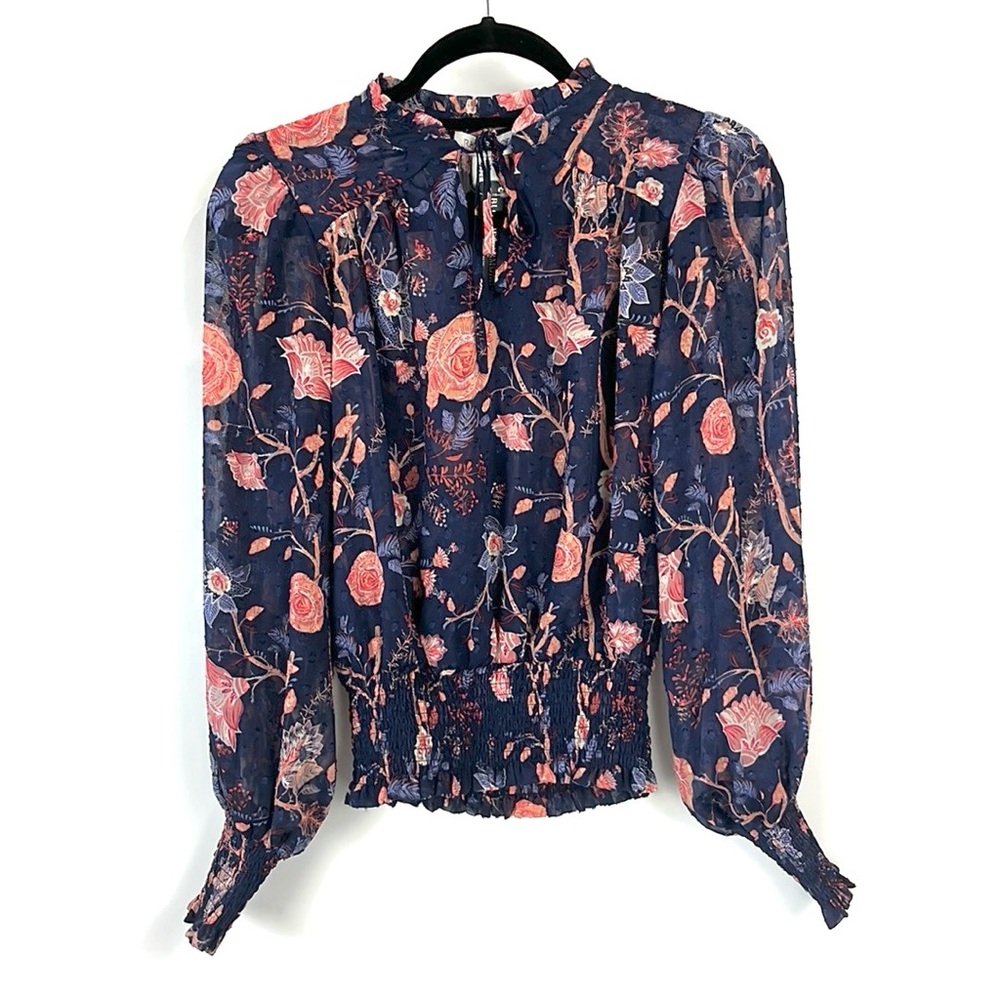 Rachel Zoe Navy Floral Smocked Tie-Neck Blouse